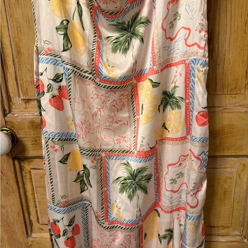 White Floral & Fruit Print Maxi Dress with Side Slit - Picture 3 of 3